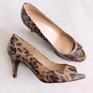 [J. Crew] Classic Drea Leopard Patent Leather Peep Toe Cushioned Insole Heels
